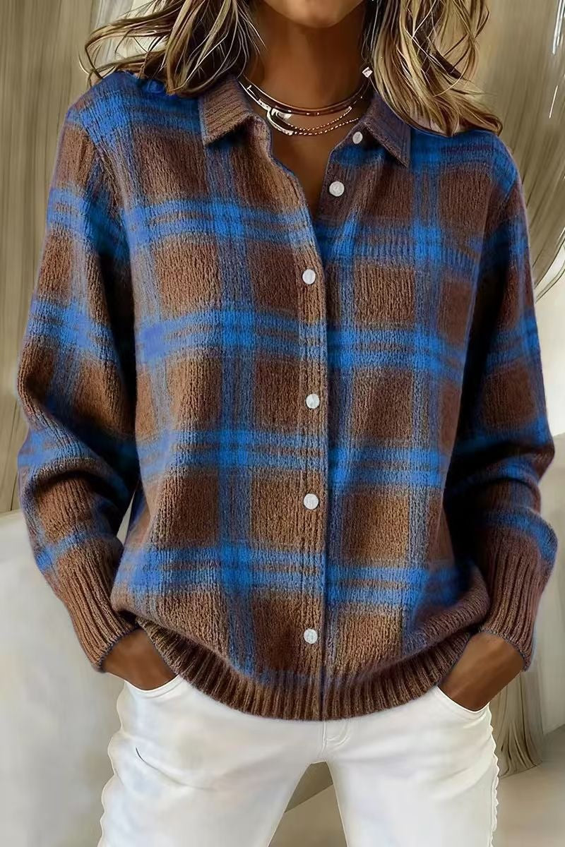 Plaid Knit Shirt Cardigan for Women, Relaxed Button-Up