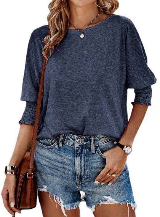 Solid Rayon Blouse Casual Boutique Smocked Sleeve