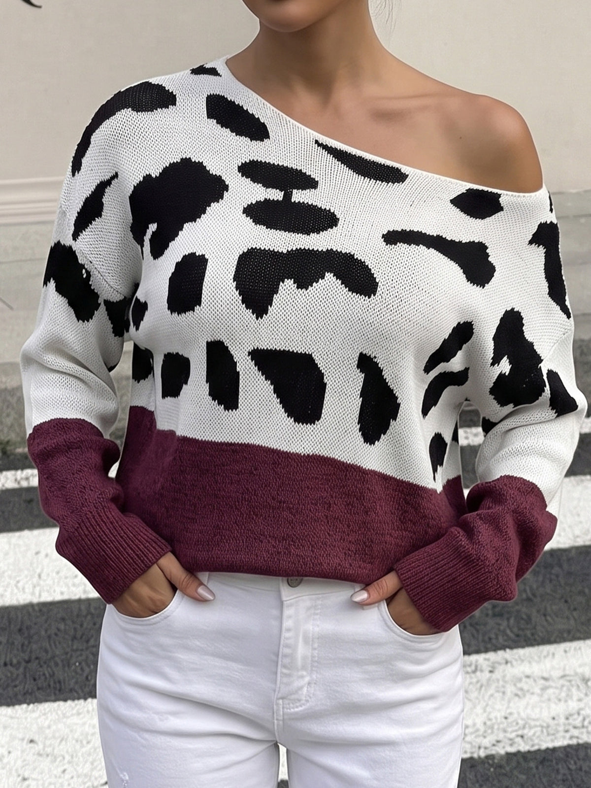 Women's Off Shoulder Leopard Print Color Block Sweater