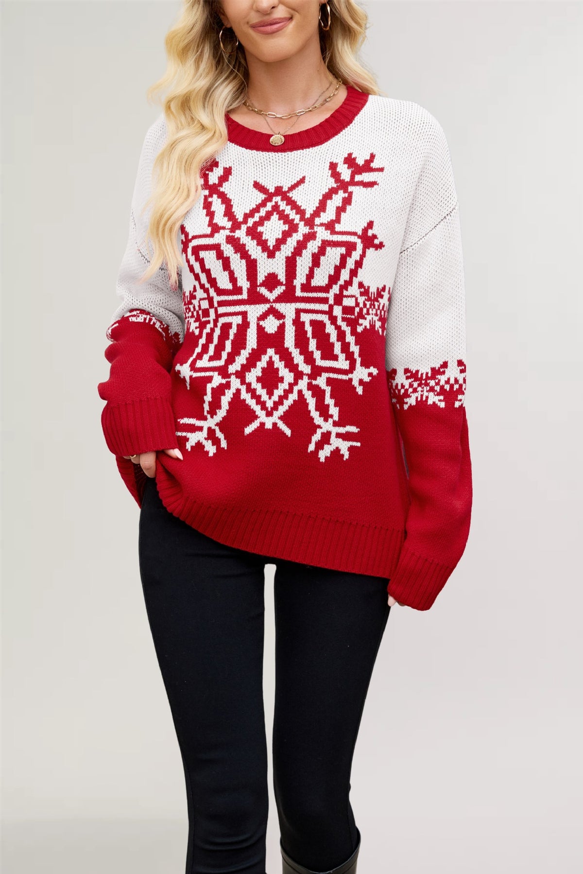 Women's Christmas Snowflake Crewneck Knit Sweater