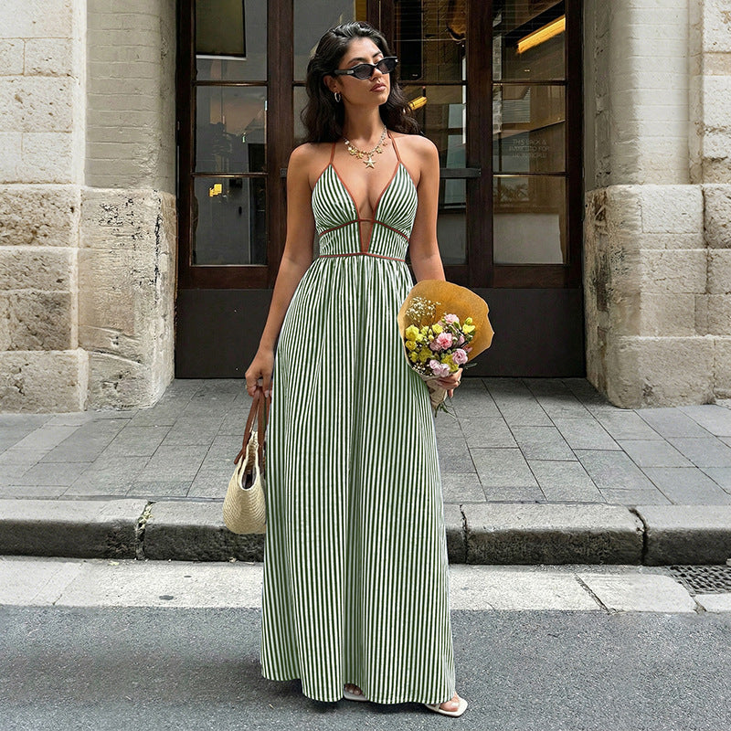 Striped Halter Backless Maxi Dress Vacation Summer