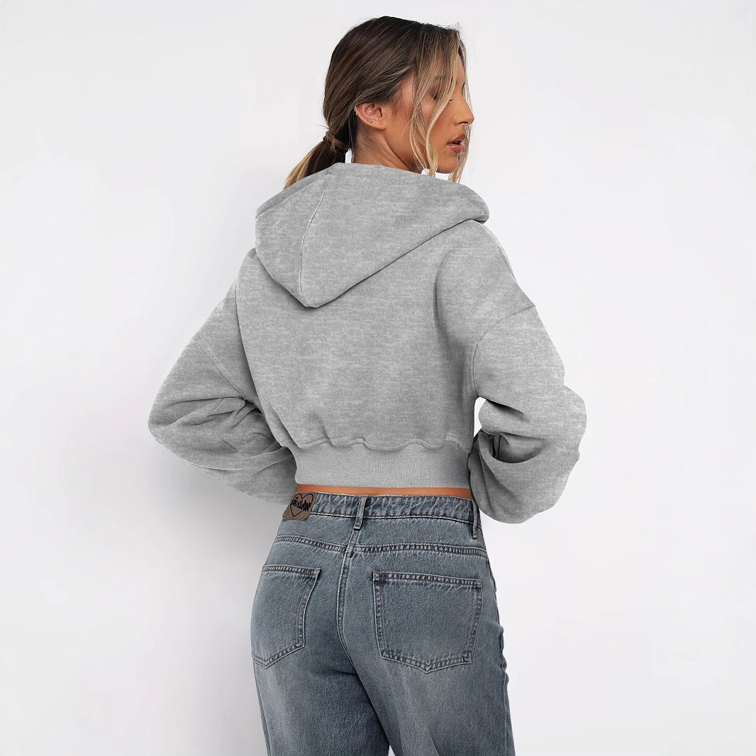 Trendy Cropped Zip Up Hoodie Long Sleeve Sweatshirt