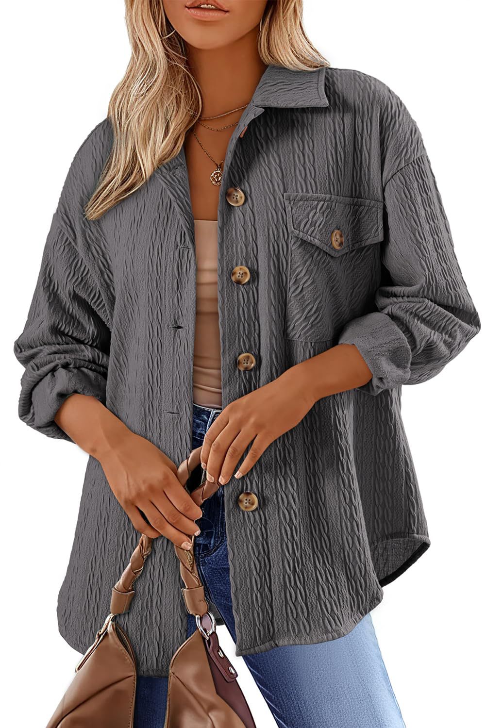 Women's Textured Shacket Oversized Button Down Shirt