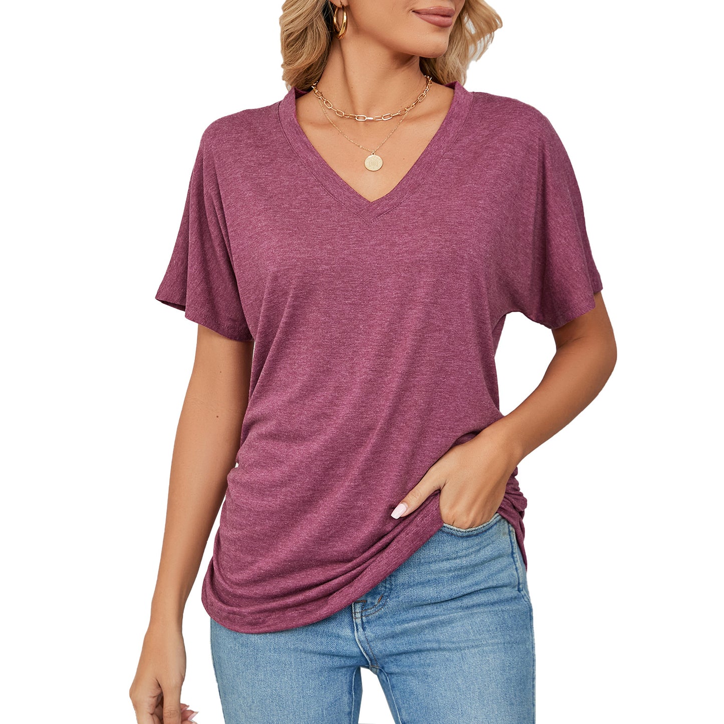 Basic V Neck Short Sleeve T Shirt Women Soft Loose Fit Casual Everyday Essential Top