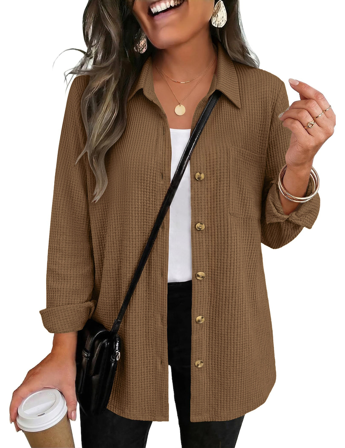 Women's Waffle Knit Button Down Long Sleeve Tunic Shirt