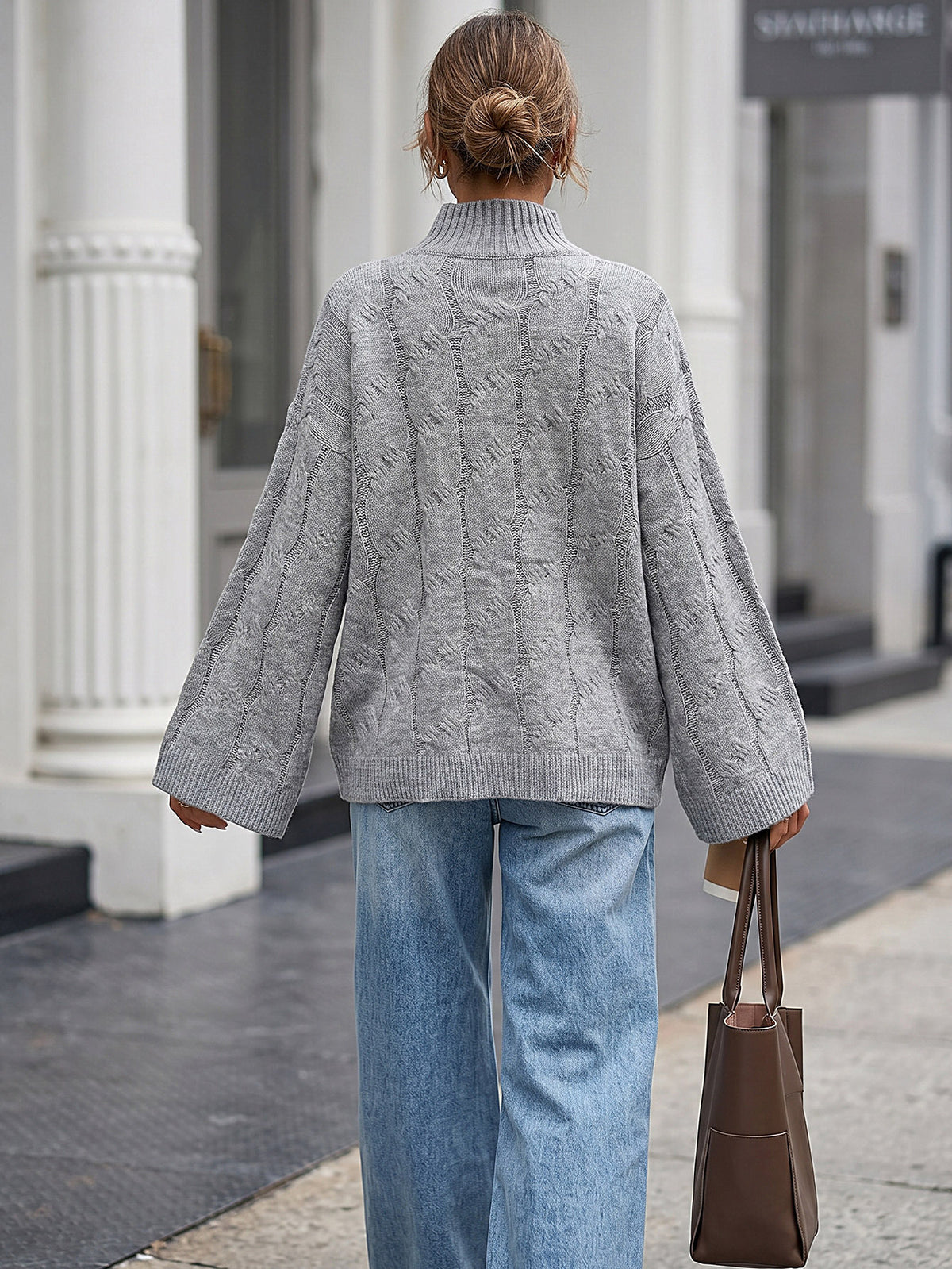 Women's Oversized Cable Knit Mock Neck Sweater