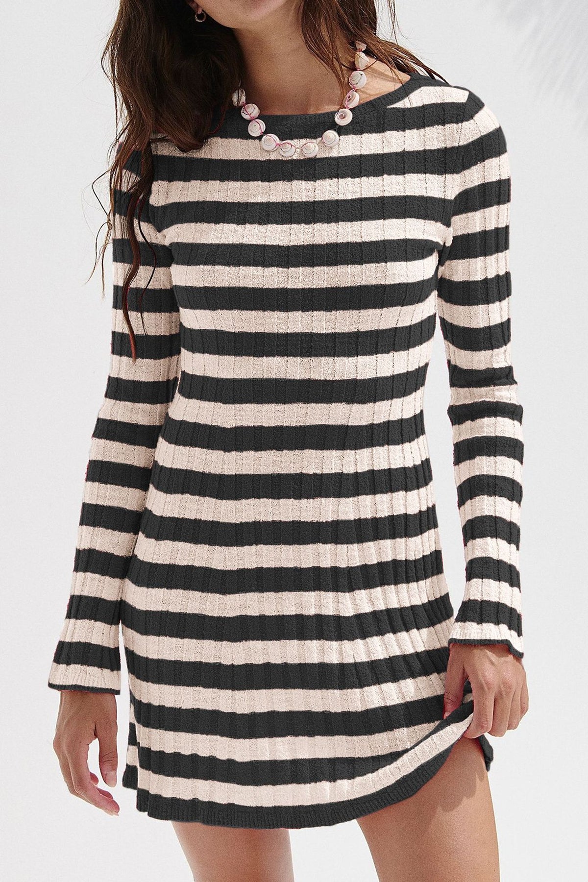 Striped Sweater Dress Long Sleeve Crew Neck Mini