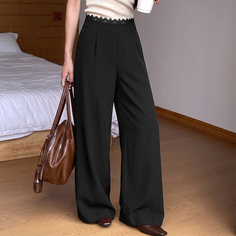 Women's High Waist Lace Trim Wide Leg Pants