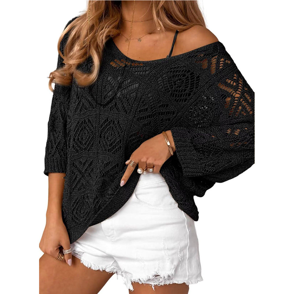 Openwork Crochet Knit Top Boho V Neck