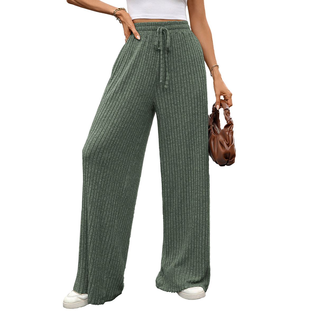 Women Comfy Ribbed Wide Leg Lounge Pants Drawstring Waist