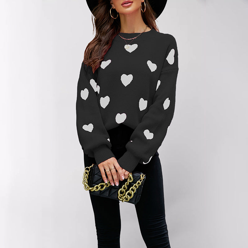 Women's Heart Print Crew Neck Oversized Pullover Sweater