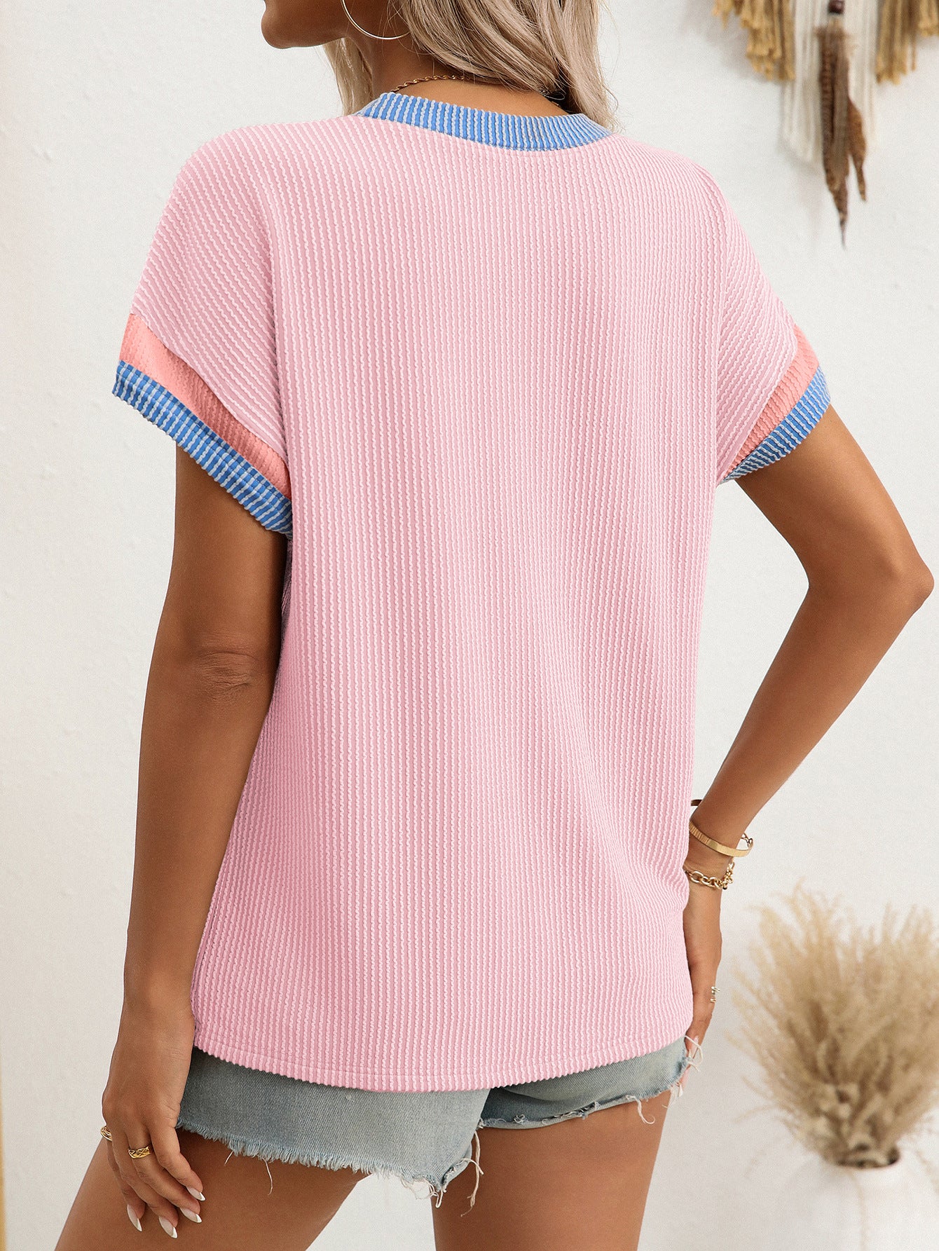 Relaxed Fit Round Neck Color Block Summer T Shirt