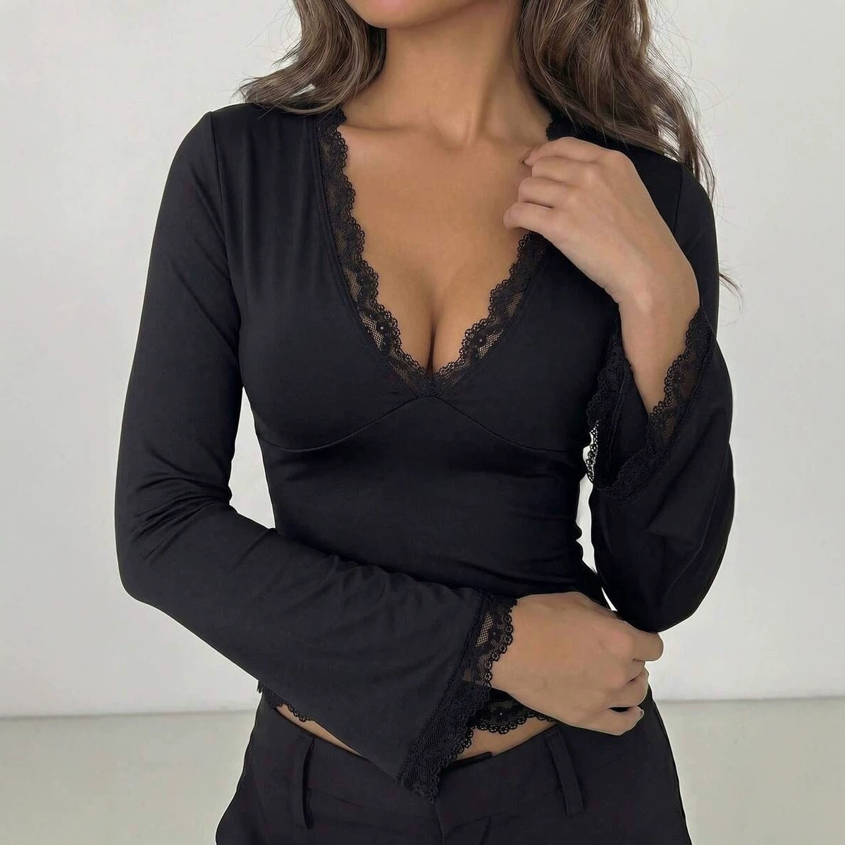 Lace Trim Deep V Neck Y2K Fitted Long Sleeve Top