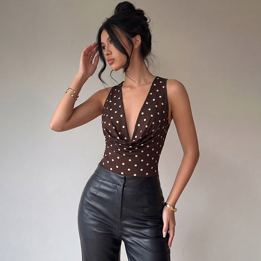 Polka Dot Deep V Neck One-Piece Bodysuit