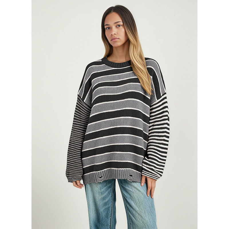 Oversized Striped Crew Neck Chunky Knit Sweater