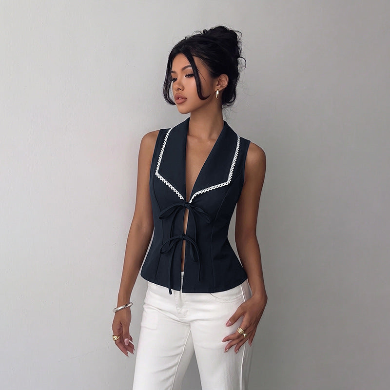 Navy Tie Front Sleeveless Sailor Collar Boutique Top
