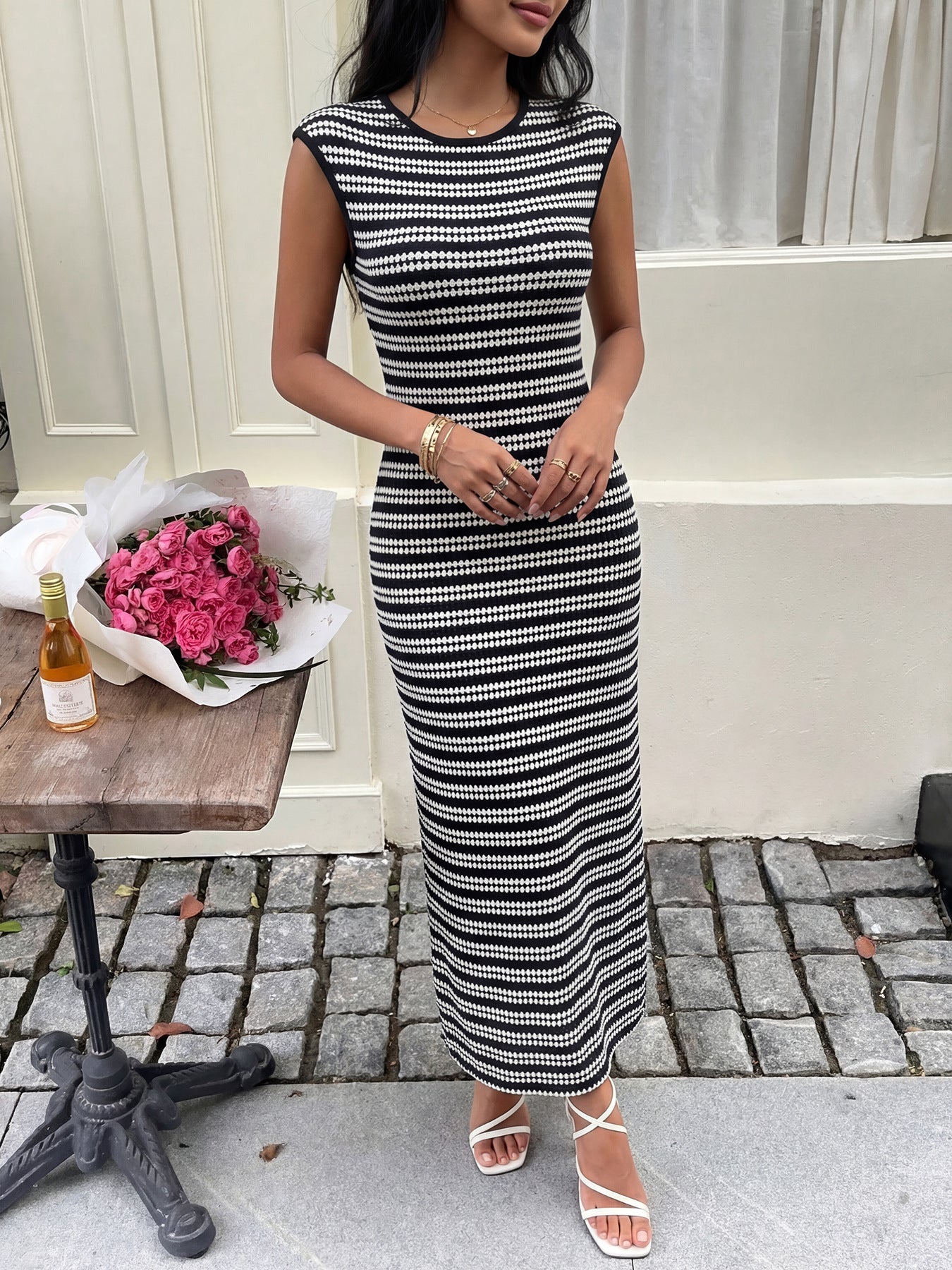 Striped Sleeveless Knit Bodycon Midi Dress Casual