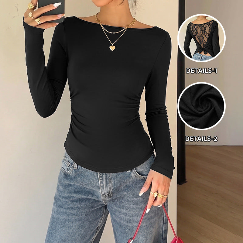 Lace Back Long Sleeve Top Slim Fit Basic Tee