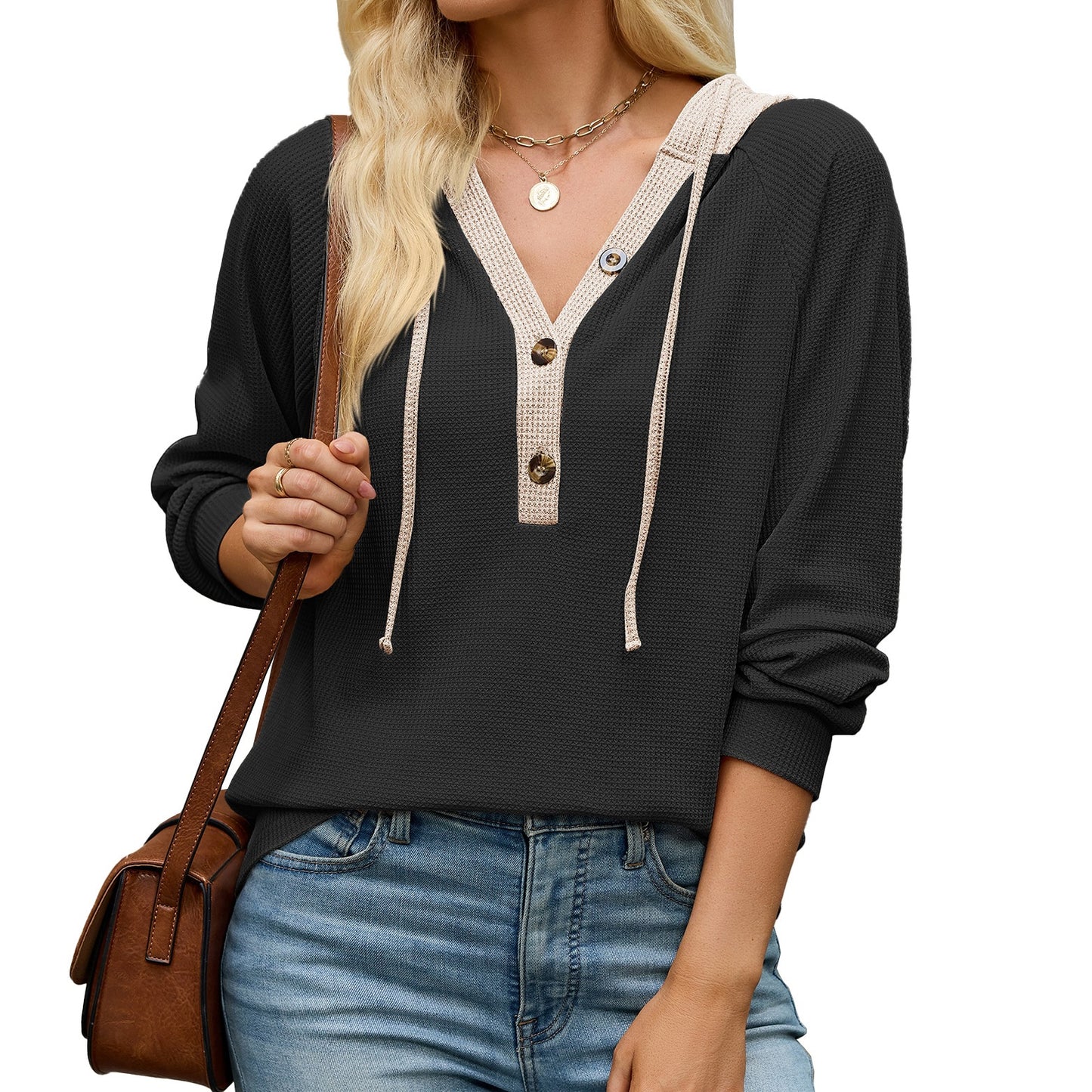 Womens Waffle Knit Henley Hoodie Color Block Long Sleeve