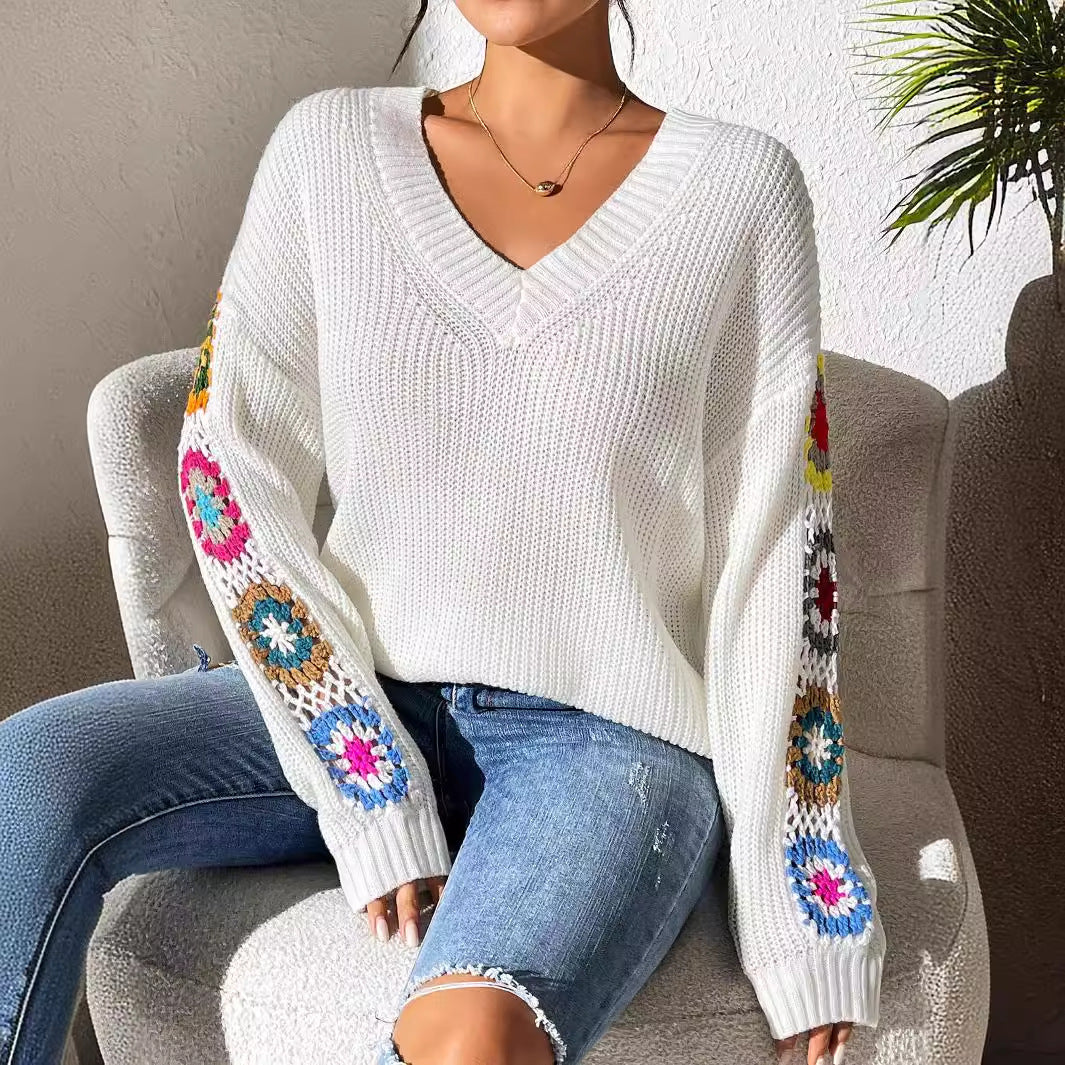 Women's Crochet Patchwork V-Neck Knit Sweater