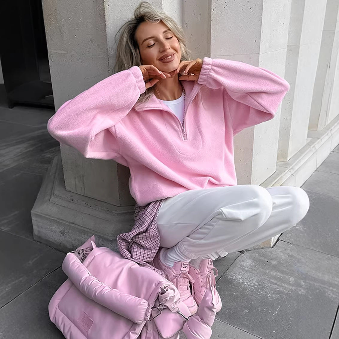 Solid Quarter Zip Pullover Sweatshirt Oversized Casual Chic