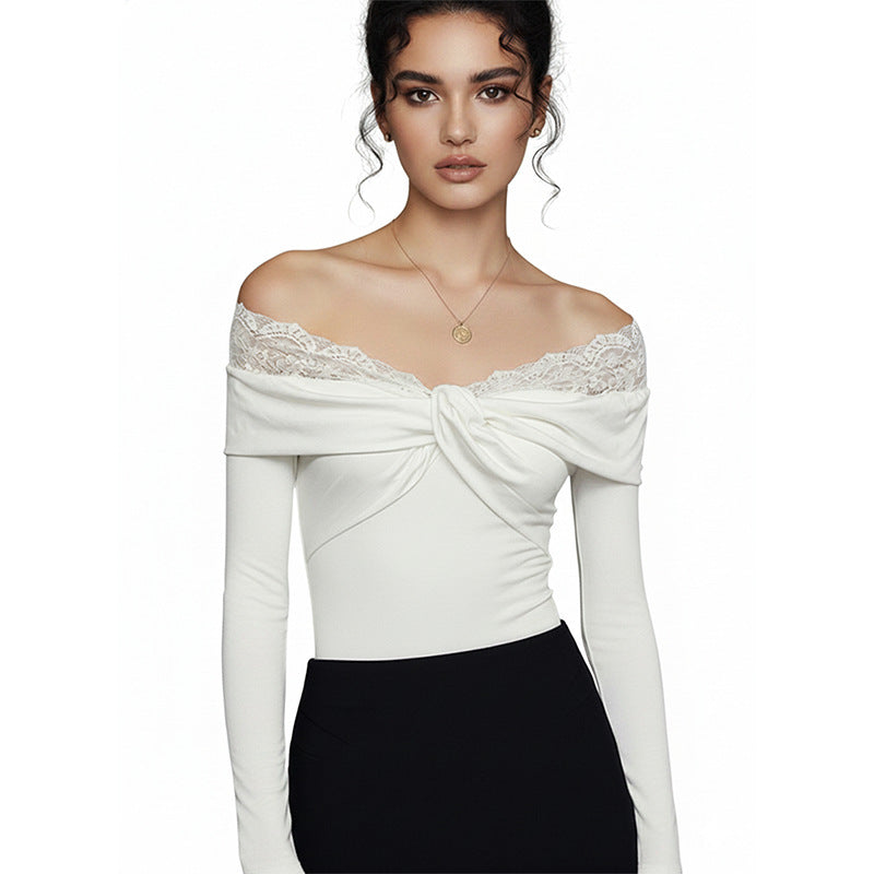Off Shoulder Lace Trim Long Sleeve White Bodysuit