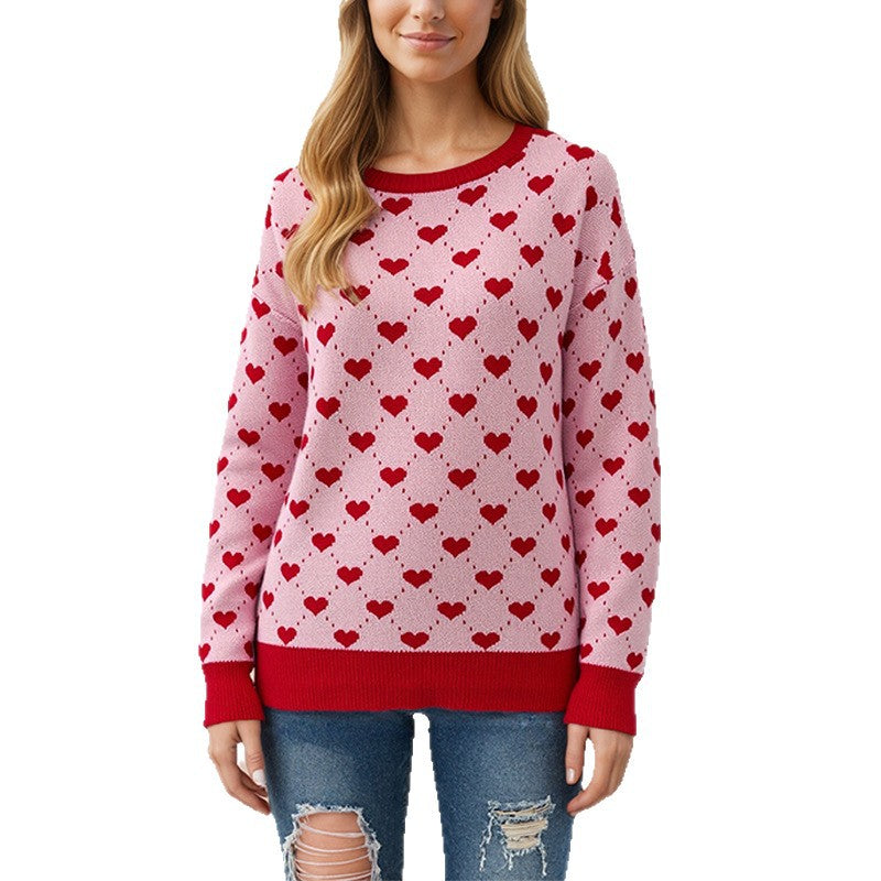 Women's Heart Print Crewneck Sweater Oversized Pullover