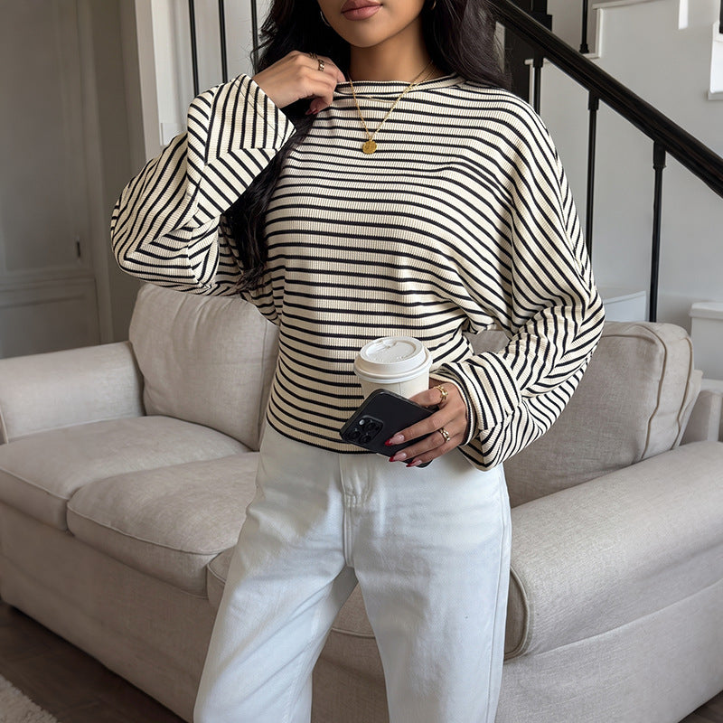 Striped Waffle Knit Dolman Sleeve Fitted Waist Top