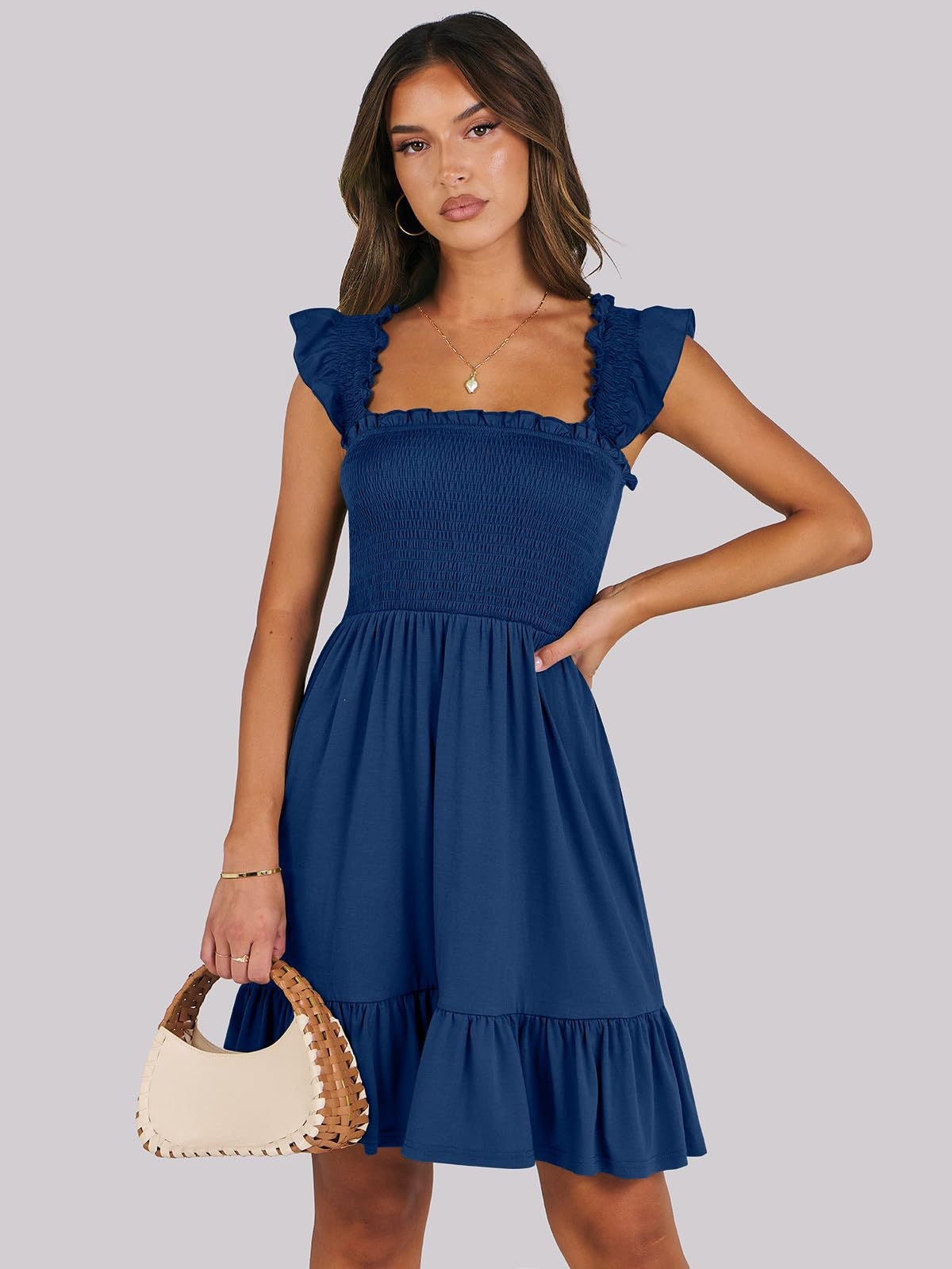 Women’s Smocked Square Neck Ruffle Sleeve Mini Dress Casual Summer Flowy A Line Dress
