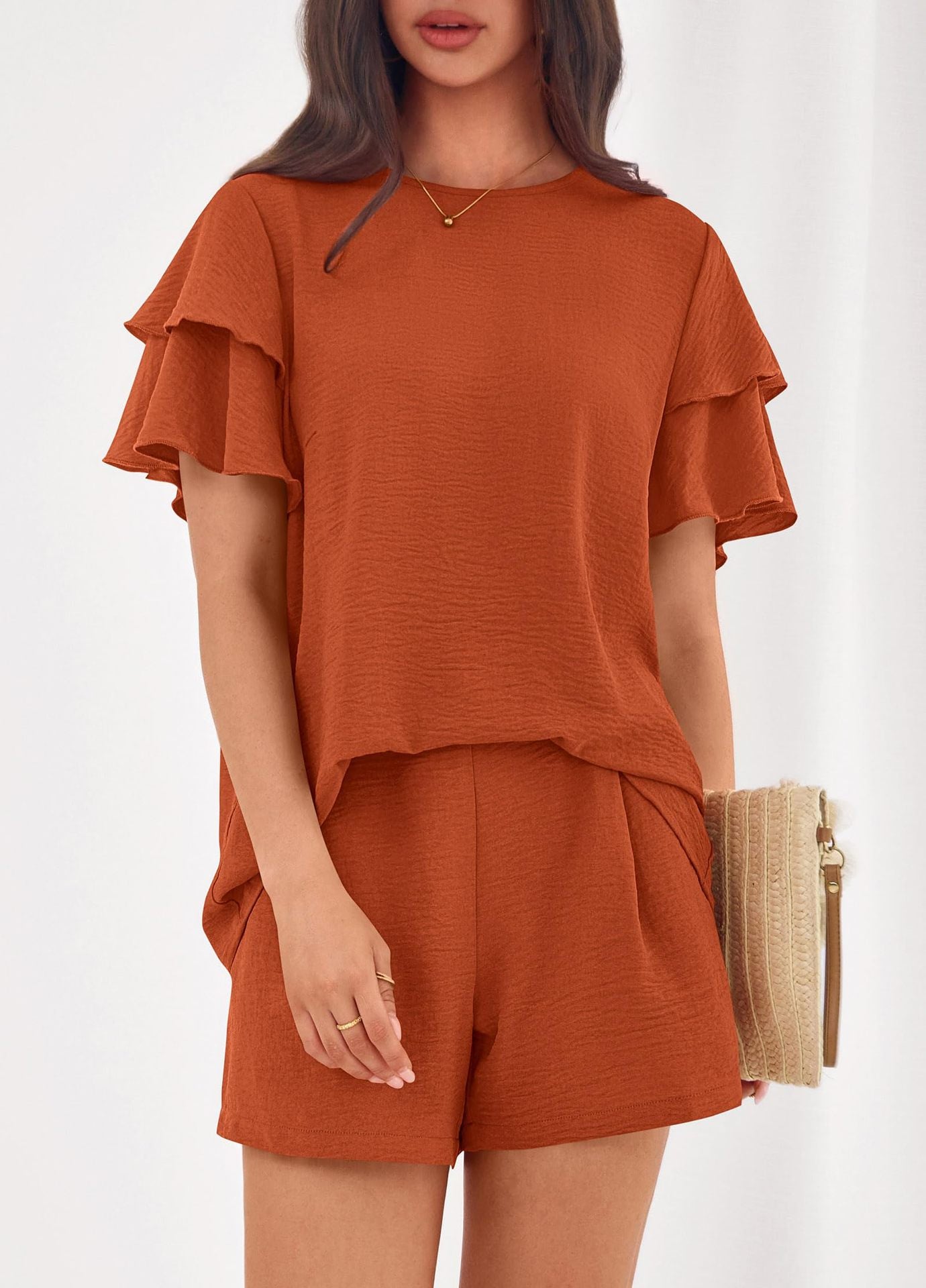 Casual Solid Ruffle Sleeve Short Set Lounge Outfit