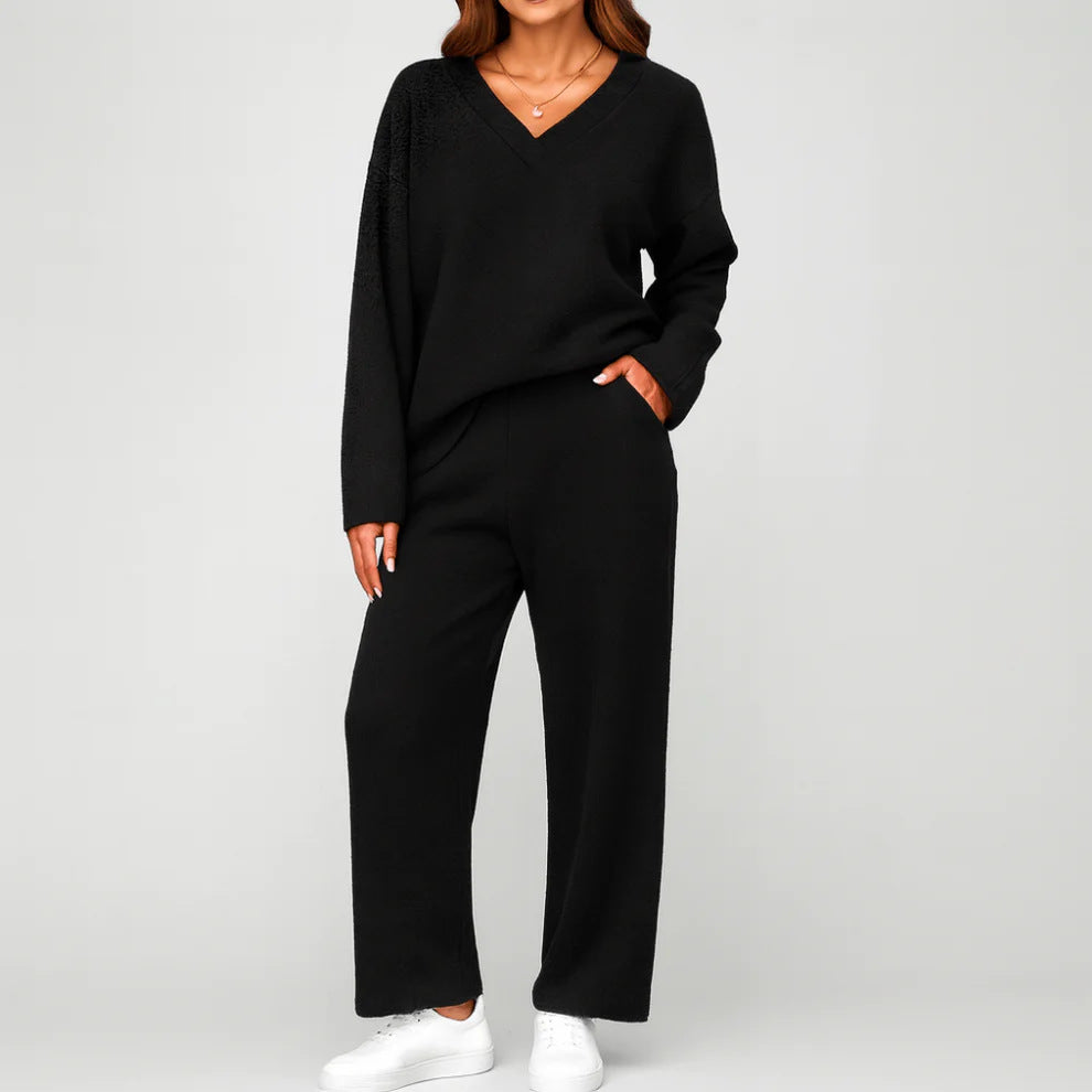 Women's V-Neck Knit 2 Piece Lounge Set Wide Leg Pants
