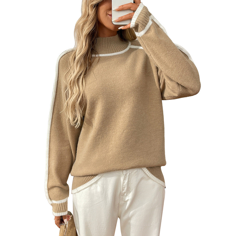 Women's Oversized Mock Neck Contrast Trim Sweater