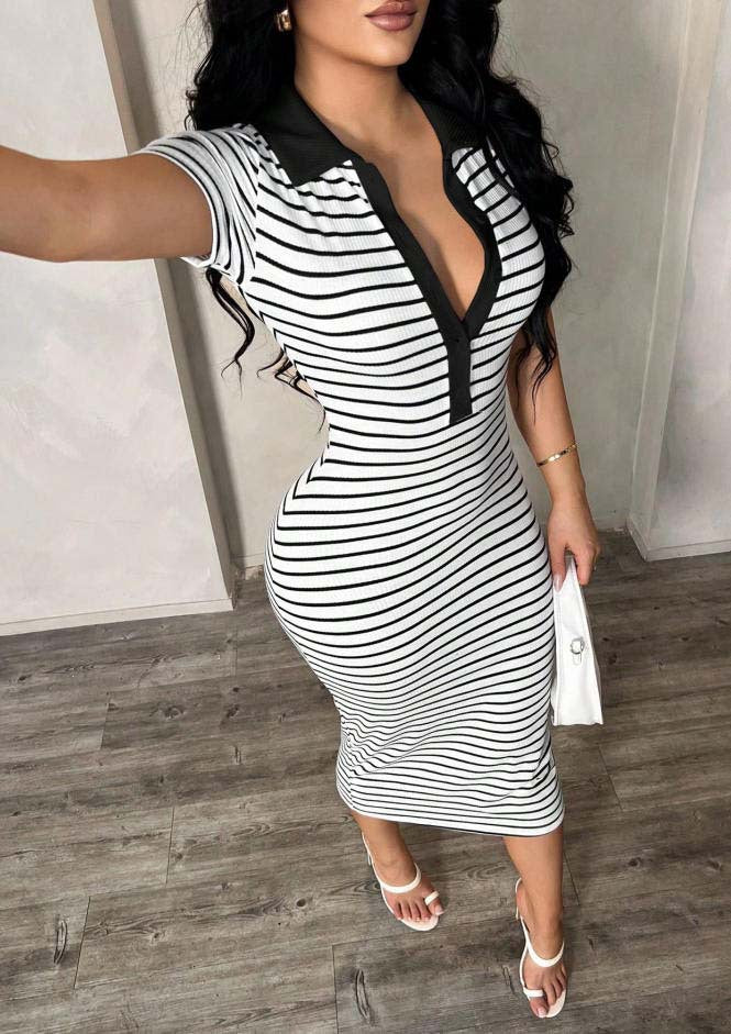 Striped Polo Collar Bodycon Midi Dress Short Sleeve Casual  Wear