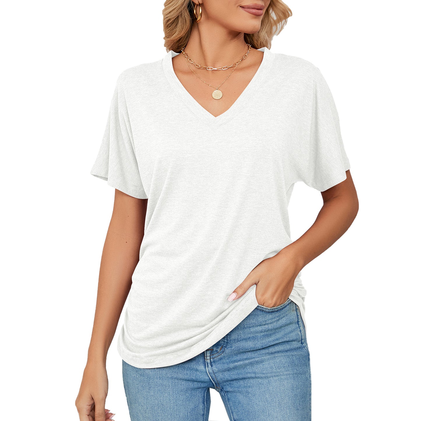 Basic V Neck Short Sleeve T Shirt Women Soft Loose Fit Casual Everyday Essential Top