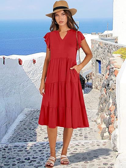 V Neck Flutter Sleeve Tiered Midi Dress with Pockets