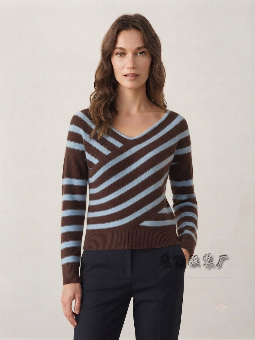 Women Striped Off Shoulder Sweater Asymmetric Knit Top