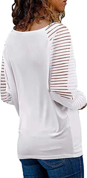 Striped Cotton Top Casual V Neck Sheer Sleeves