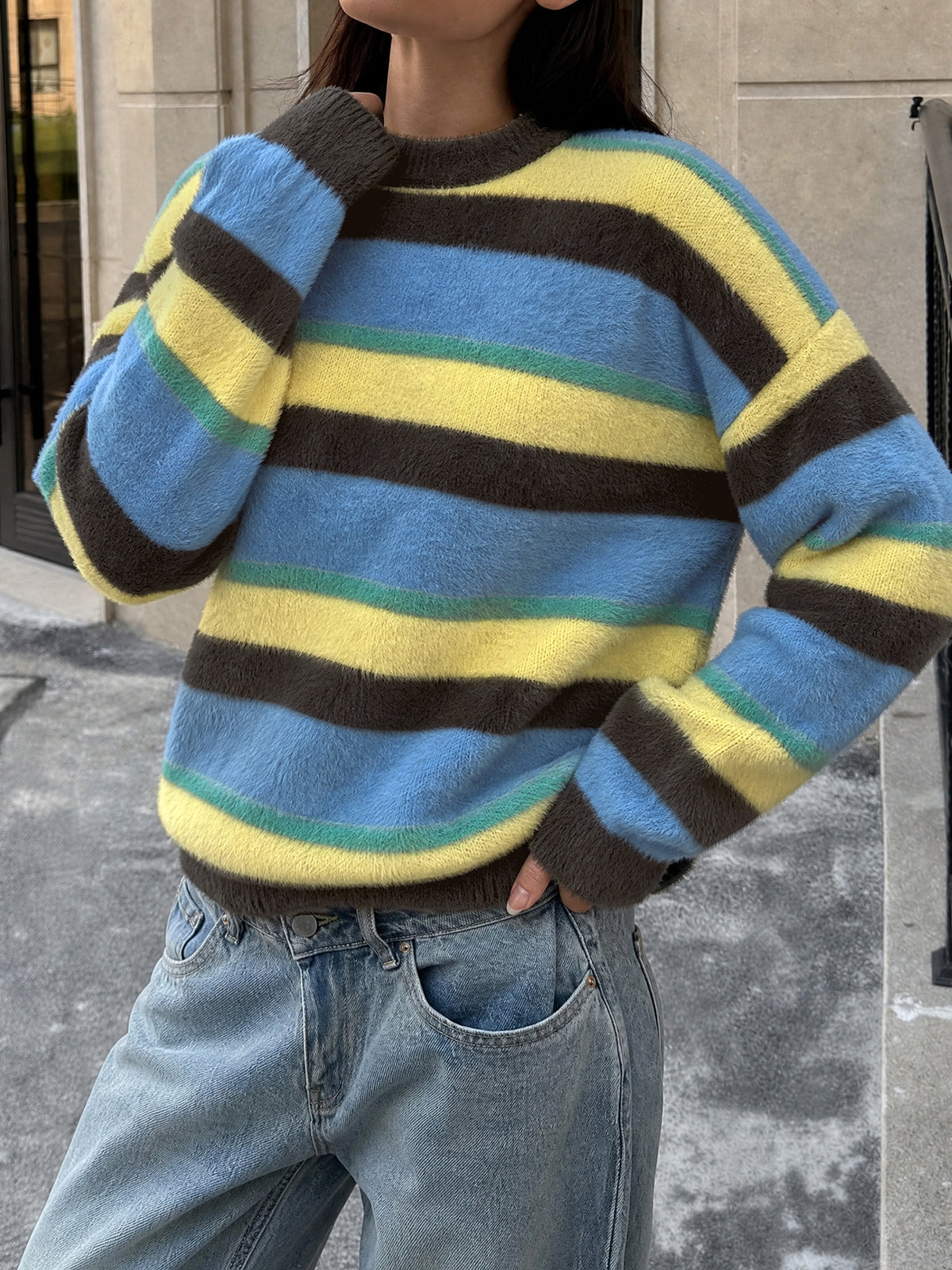 Women's Oversized Striped Fuzzy Crewneck Sweater