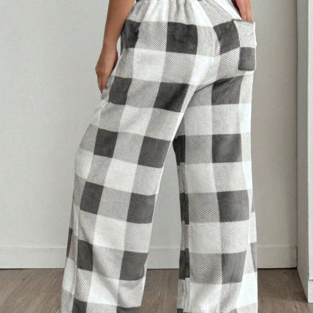 Plaid Fleece Pants Casual Oversized Wide Leg