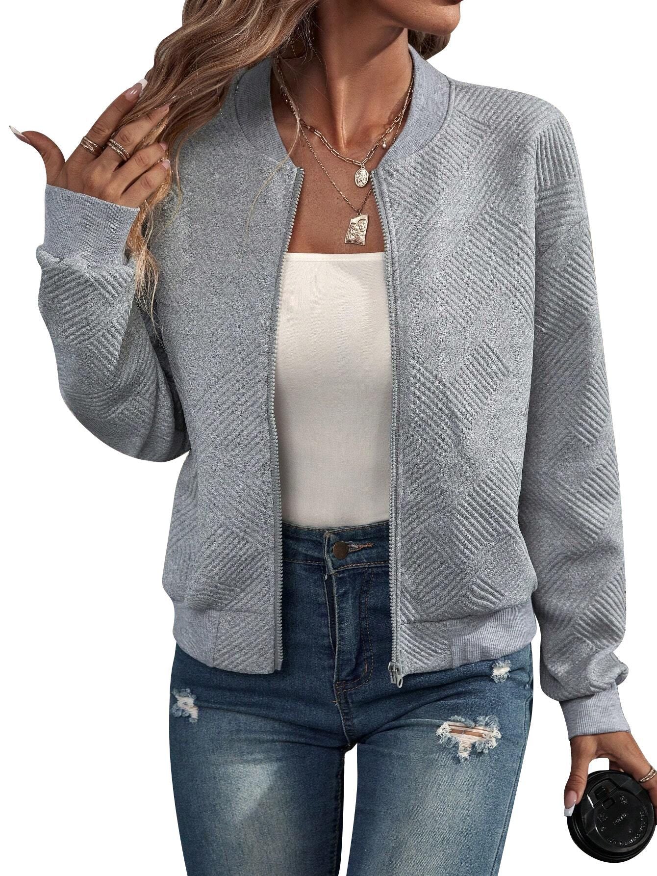 Geometric Textured Bomber Jacket with Pockets