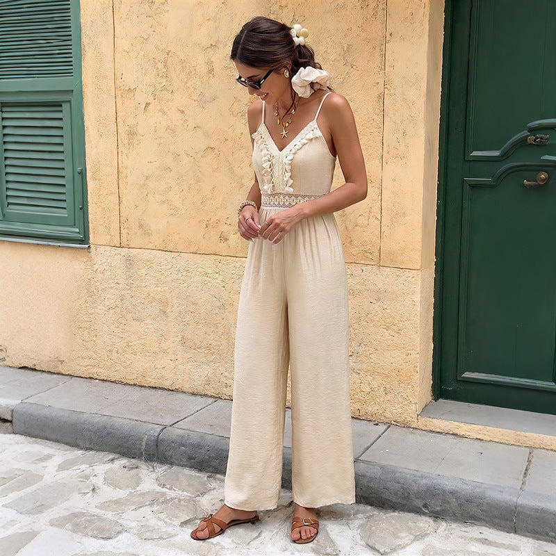 Solid Cami Jumpsuit  Lace Trim Wide Leg Resort Outfit