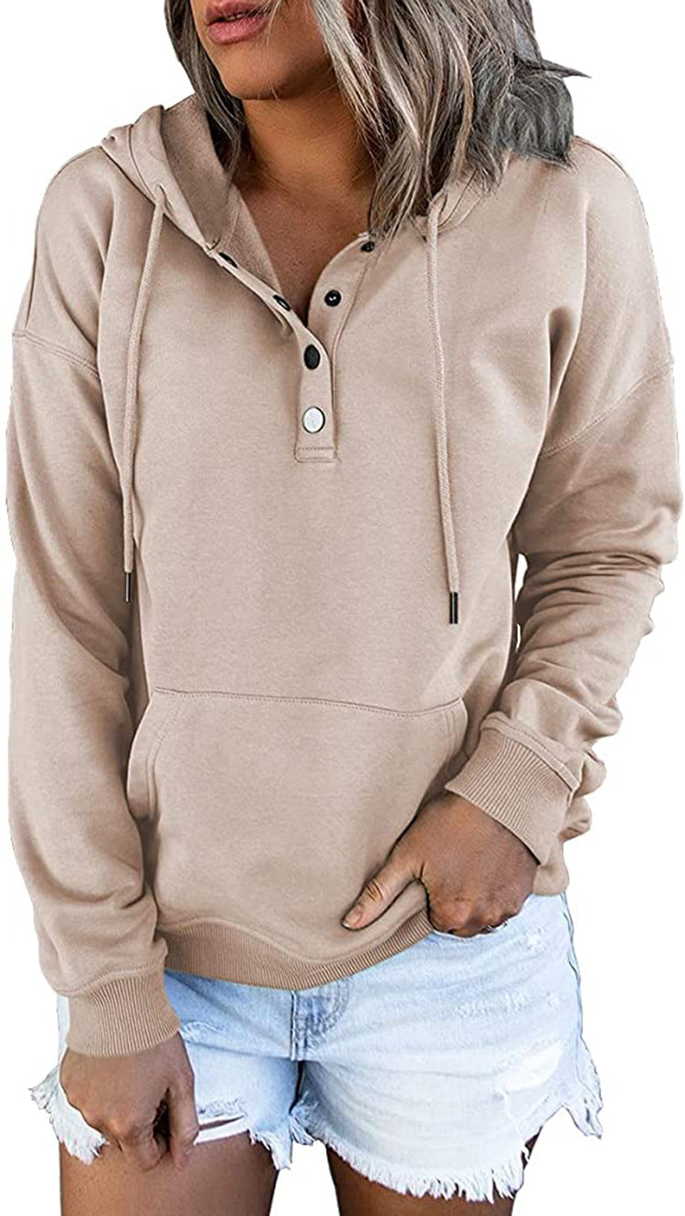 Women's Oversized Henley Hoodie Drawstring Pocket Pullover