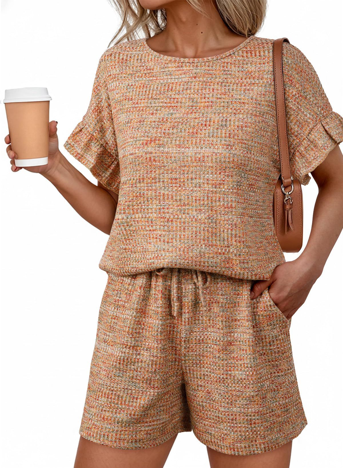 Textured Knit Lounge Set Ruffle Sleeve Drawstring Shorts