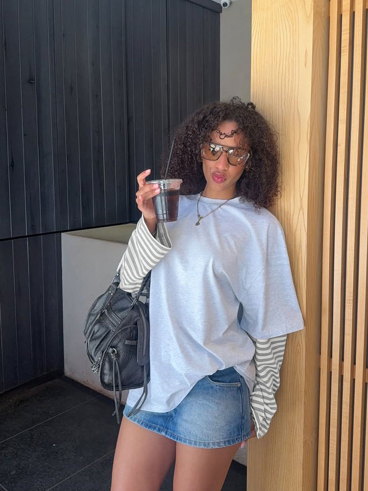 Oversized Contrast Striped Sleeve Cotton Long Sleeve Top