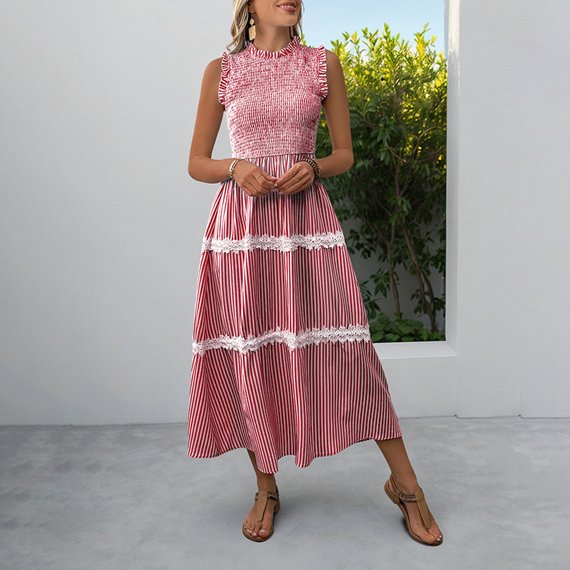 Striped Lace Trim Sleeveless Midi Dress for Summer