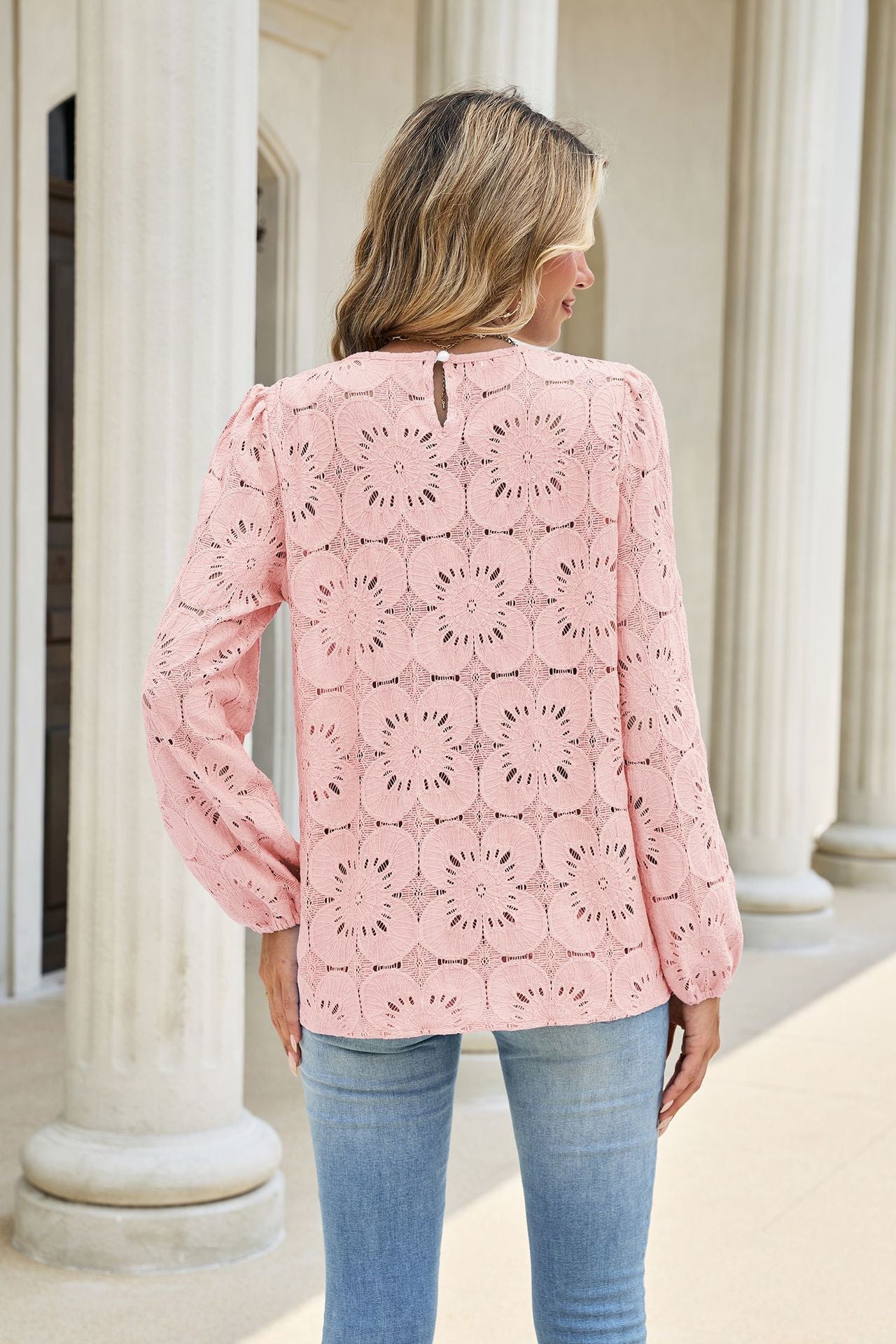 Eyelet Lace V Neck Top Long Sleeve Loose Casual Blouse