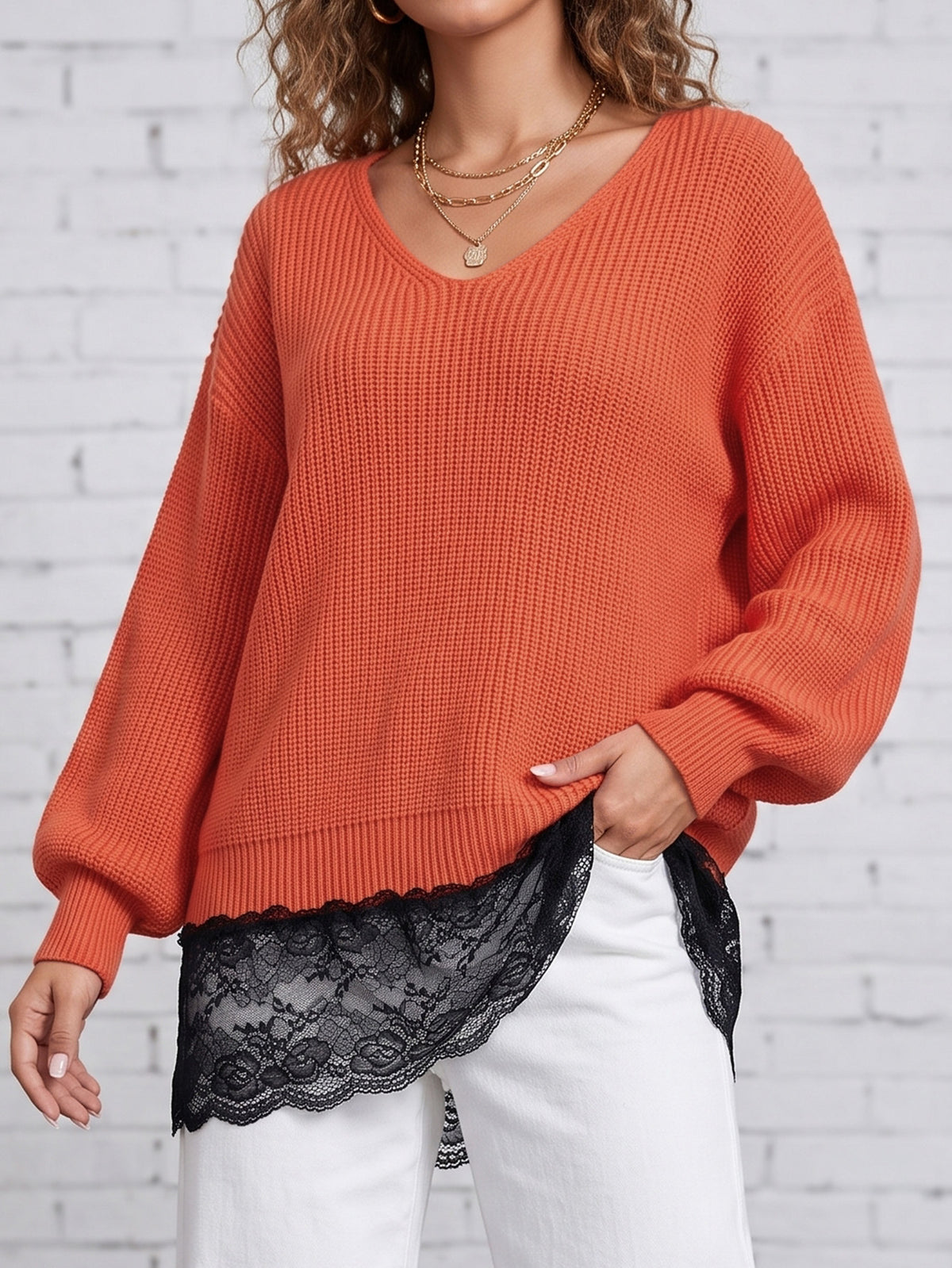 Women's Oversized Lace Trim Sweater V-Neck Lantern Sleeve