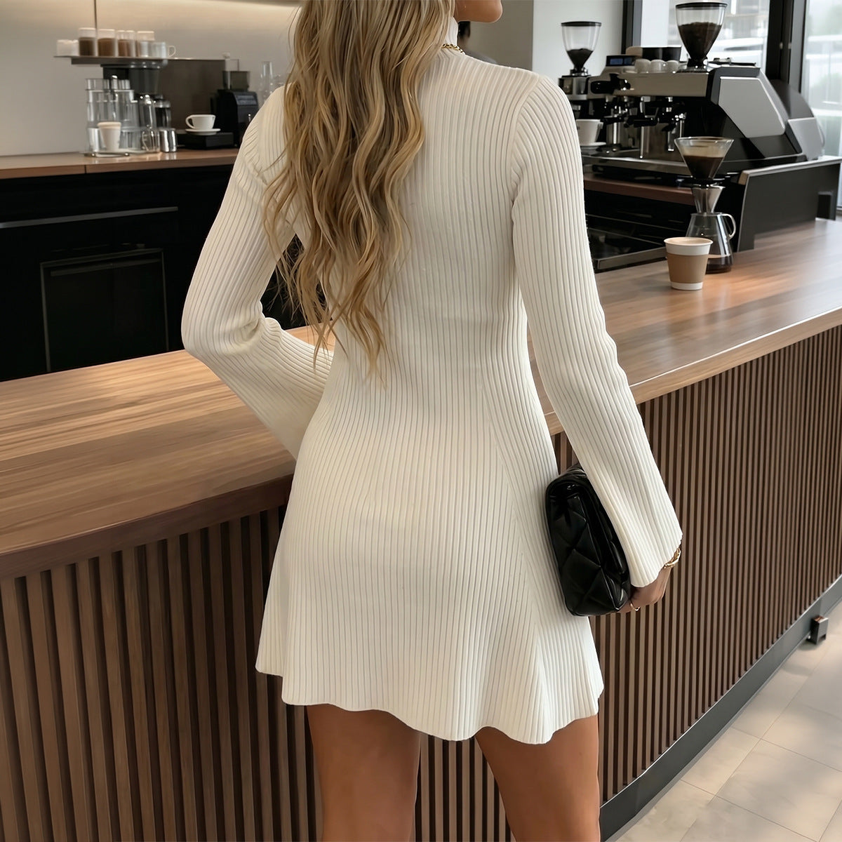 Women's Ribbed Mock Neck Long Sleeve Bodycon Mini Dress