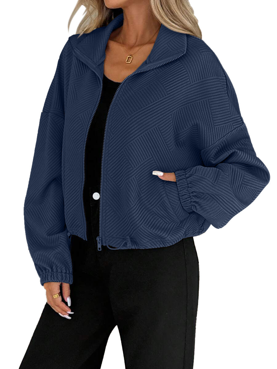 Textured Polyester Jacket Casual Bomber Oversized Zip Up