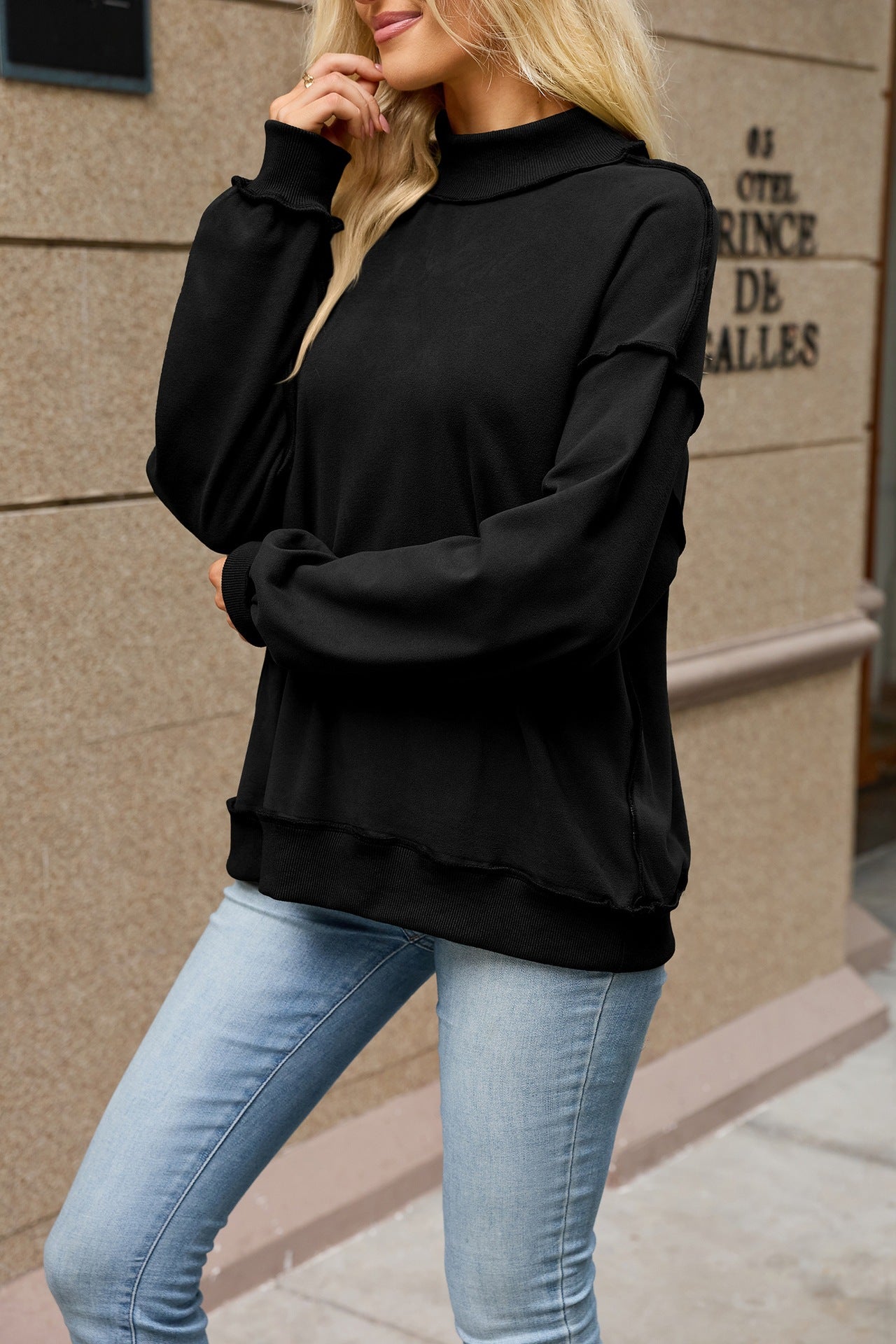 Mock Neck Exposed Seam Oversized Sweatshirt